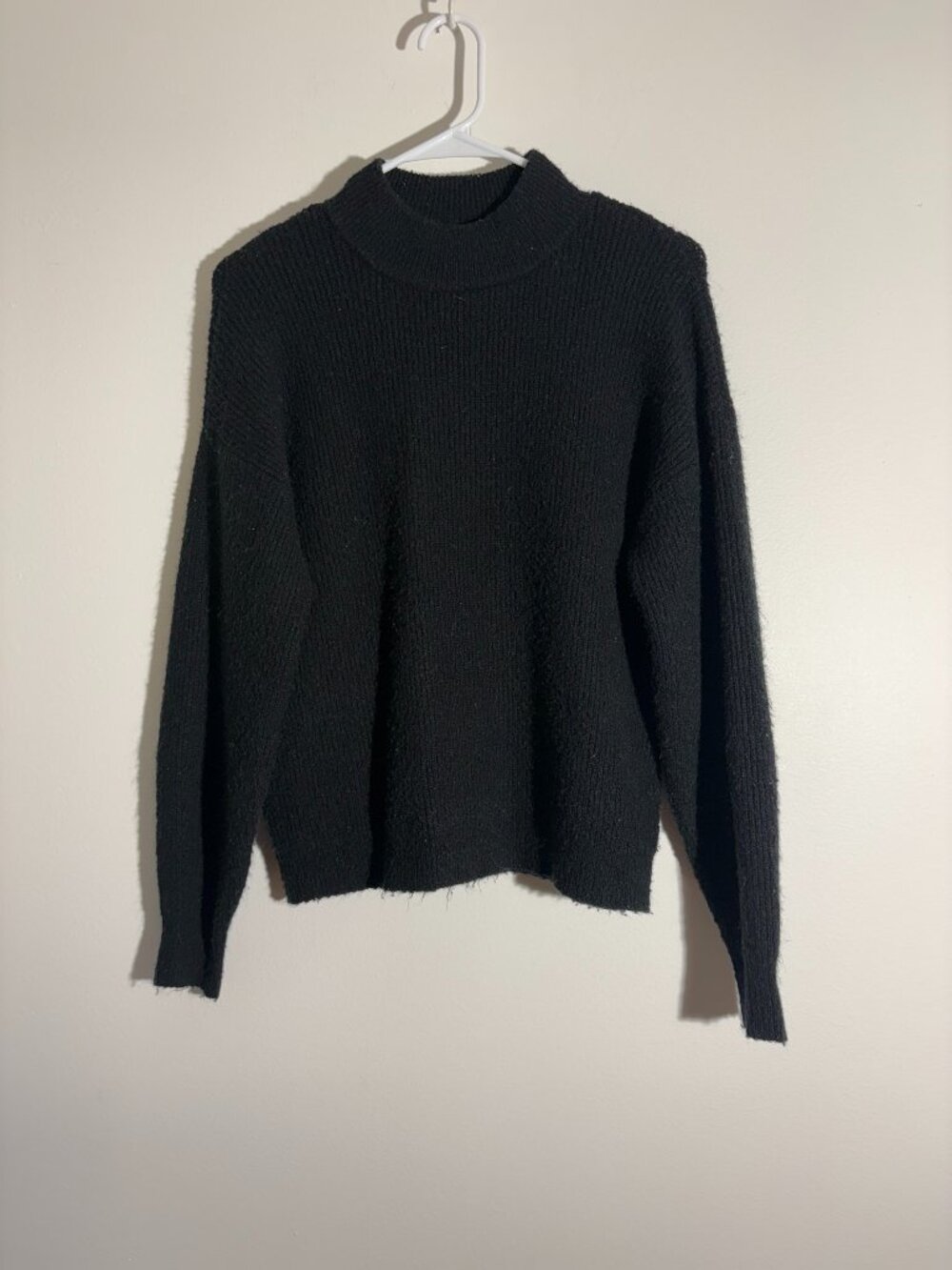 Leith Black Mock Neck Sweater Boucle Knit Drop Shoulder Pullover S